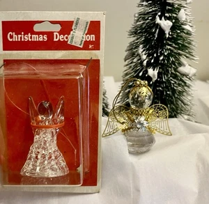 Set 2 Vintage Prisma Engel Gold Filigran Flügel-Weihnachtsschmuck Perlen-Gesponnen Klarglas - Bild 1 von 20