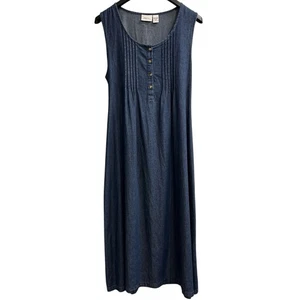 The Vermont Country Store Dress Women M Denim Pintuck Jumper Maxi Modest Cottage - Picture 1 of 7