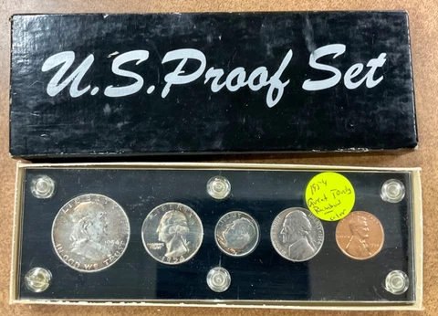 1954  Silver Proof Set 5 Coins Rainbow Toned  Lucite Plastic Holder  some cameo Cover