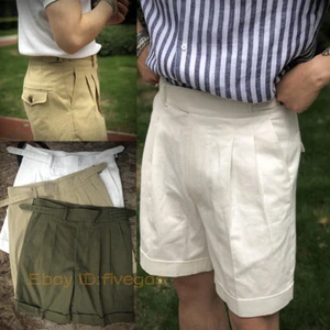 Mens Summer Workwear Pants Retro Cotton British Straight High Waist Shorts S-5XL - Picture 1 of 22
