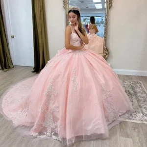 Rosa Quinceanera Kleider mit Schleife Blumenapplikationen Festzug süß 15 16 Ballkleid - Bild 1 von 9