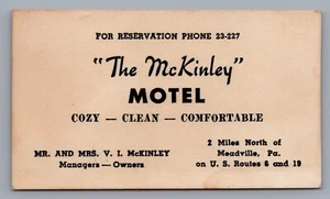 The McKinley Motel Meadville Pennsylvania años 50 EE. UU. Tarjeta de visita rutas 6 y 19 - Imagen 1 de 2