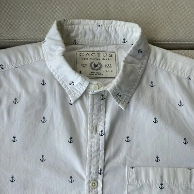 CACTUS anchor print Mens White Short Sleeve Button Up Shirt Small 100% cotton - Image 1 of 4