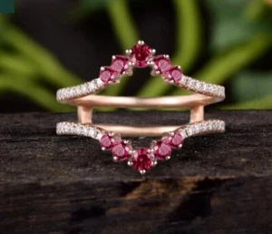 Round Cut Simulated Red Ruby Enhancer Guard Wedding Ring In 14k Rose Gold Plated - Picture 1 of 5