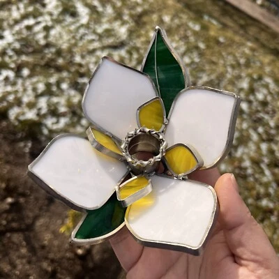 Vtg Stained Glass Magnolia White Flower Candle Holder Window Art Sun Catcher - Image 1 of 4