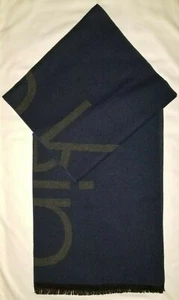 CALVIN KLEIN NAVY & GRAY ACRYLIC COTTON LOGO DESIGN SCARF - Picture 1 of 8