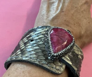 GENUINE RUBY W/RHINESTONES SNAKE EMBOSSED CUFF BRACELET - Picture 1 of 6