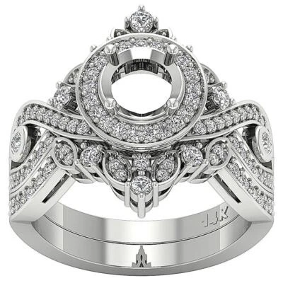 SI1 G 1.00Ct Round Diamond Semi Mount Halo Bridal Wedding Ring Set Band 14K Gold - Image 1 of 4