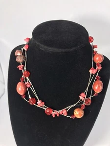 Long Beaded Silvertone Necklace Red Glass Beads Red Coral Spaced Beading 60" - Picture 1 of 7