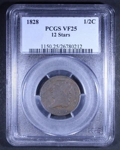 1828 Classic Head Half Cent (12 Stars) - 1/2c PCGS VF25 - Picture 1 of 4