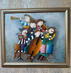 Pintura de orquesta caprichosa de Rauf B. Músicos firmados al óleo sobre lienzo - Imagen 1 de 3