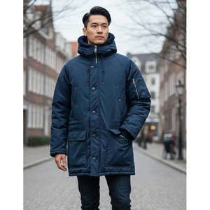 Sears Vintage Men's Hooded Parka Coat Fur Lined Navy Blue Winter Warm Size L 80s - Picture 1 of 12