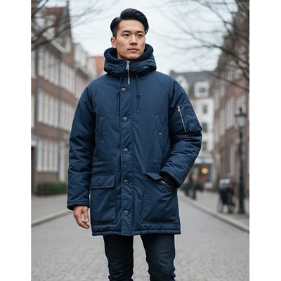 Sears Vintage Men's Hooded Parka Coat Fur Lined Navy Blue Winter Warm Size L 80s - Image 1 of 4