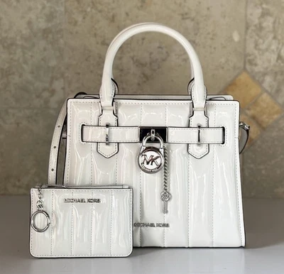 Michael Kors Hamilton Small Satchel Shoulder Bag + Wallet Patent Quilted White - Image 1 of 4