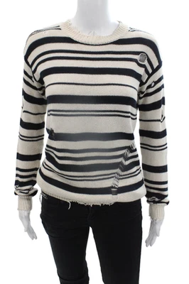 Cotton By Autumn Cashmere Womens Distressed Striped Sweater White Navy Size XS - Image 1 of 4