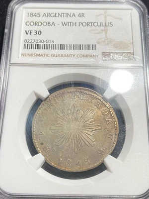 VERY RARE Argentina Cordoba 4 SILVER Reales w/Portcullis Variety!! 1/3 GRADED!! - Image 1 of 2