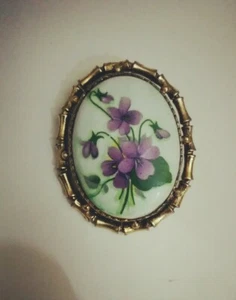 Vintage Brosche mit Anhänger Blumenmuster goldfarben Porzellan "2 - Bild 1 von 10