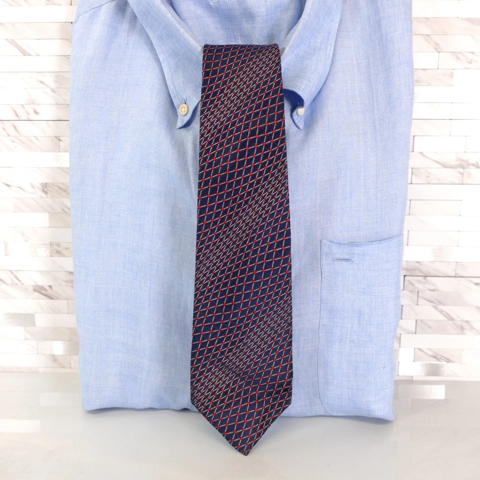 Neck Tie Mens Blue Red Geo Cross Striped Silk Dress Narrow GOLDEN EARTH Japan - Image 1 of 4