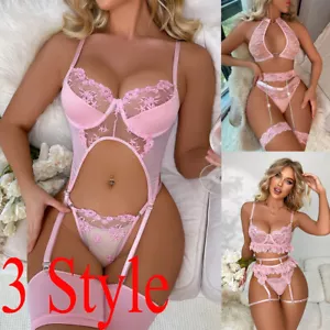 Pink Sexy Lingerie for Women Teddy Babydoll Lace Sleepwear Garter Underwear Set - Picture 1 of 31