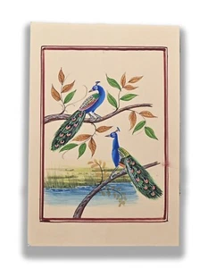 Par de pinturas de pájaros en miniatura hechas a mano de pájaro amor pavo real 9 X 6 pulgadas "PN13047" - Imagen 1 de 5
