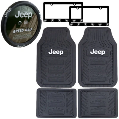 7pc JEEP Car Truck Rubber Floor Mats Steering Wheel Cover License Plate Frames Foto 1 de 4