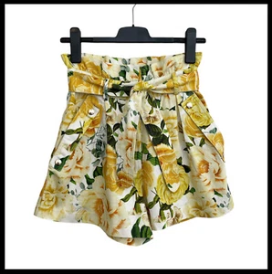 SHEIKE Yellow Floral High Waisted Paperbag Denim Shorts Pockets Belt Size 6 - Picture 1 of 7