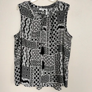 Rose & Olive Blouse Black/Cream Sleeveless Neck Ties Shirt ~ Plus Size 2X - Picture 1 of 7