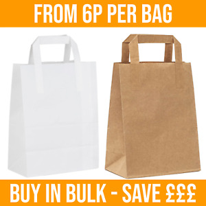 25 - 500 Brown & White Paper Bags with Flat Handles. Takeaway, SOS, Food Carrier