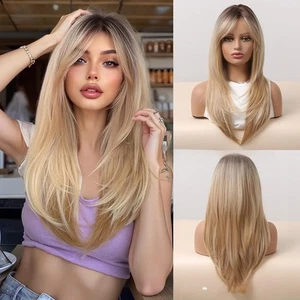 Ombre Blonde Wigs for Women,Long Layered Wig with Bangs Dark Root Synthetic W... - Picture 1 of 6
