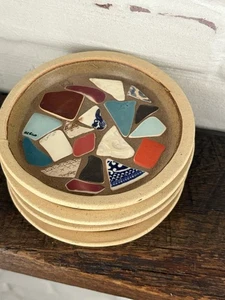 Mosaic Tile Pottery Set of 4 Round Solid Coasters Southwest Style 5.25” Diameter - Picture 1 of 8