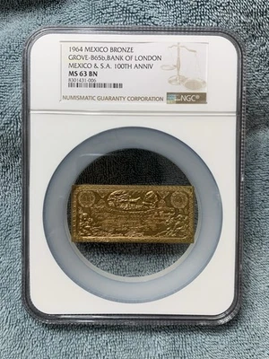 1964 Banco De Londres Y Mexico SA Primer Centario Bronze Medal Grove B65b NGC 63 - Image 1 of 4