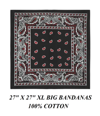 XL BIG BLACK & RED PAISLEY 27" Classic BANDANA Head Neck Wrap Scarf Face Mask - Image 1 of 2