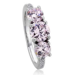 6mm Platinum Plated Sterling Silver Pink CZ 3 Stone Wedding Engagement Ring - Picture 1 of 3