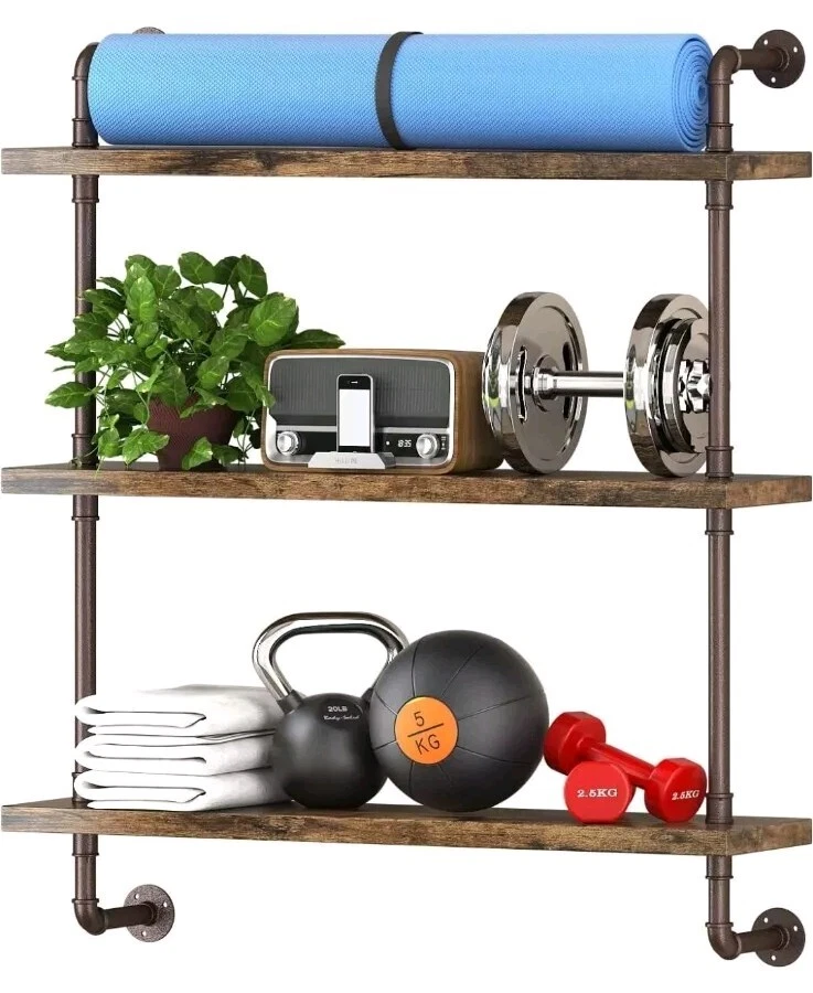 3 Tier Industrial Pipe Shelf Rustic Wood Floating Shelves,Wall Display Bookshelf - Image 1 of 4