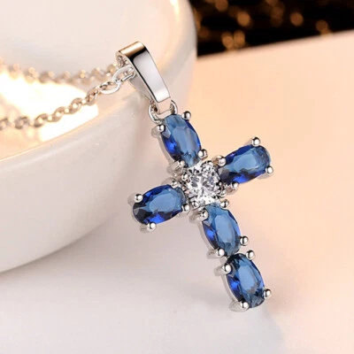 Cross Design London Blue Topaz Necklace Gems Women Silver Charming Pendants - Image 1 of 4