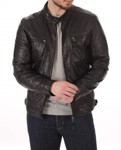 Men's Racer Café Leather Jacket Lambskin Motorcycle Black Genuine Real Mens M L - Picture 1 of 7