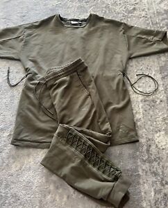 Puma Women’s Joggers Set Short Sleeve Lace Up Back Olive Green Top S Bottom M