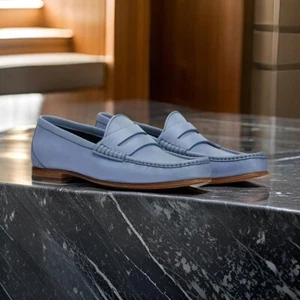 Handmade Men's Genuine Sky Blue Leather Slip On Penny Loafers Shoes For Men - Picture 1 of 4