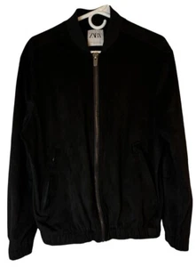 Zara Man Black Faux Suede Bomber Jacket Zip-up Mens Medium Baseball Corduroy - Picture 1 of 10