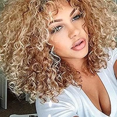 Peluca rizada afro rizada sintética personalizada natural rubia clara marrón mujer peluca completa Foto 1 de 4