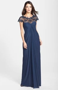 TADASHI SHOJI BEADED LACE YOKE GATHERED MESH GOWN SIZE LARGE(MEDIUM) NAVY - Picture 1 of 4