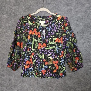 Maeve Top Womans XS Petite Black Orange Floral Ruffle Sleeve Cottage Peasant - Picture 1 of 12