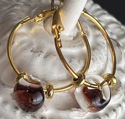 Unique Root-beer Brown Marbled Glass Chunky Teardrop On Gold Hoop Earrings. - Image 1 of 3