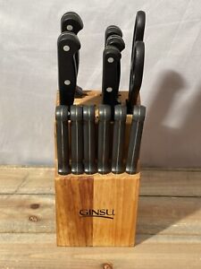 Ginsu 12 PC Kitchen Knife Block Cutlery Set With Shears Black Handle Preowned 