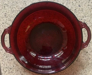 Anchor Hocking Ruby Red 8" Coronation Glass Bowl w/handles 1936-1940, Tiny Chip - Picture 1 of 9