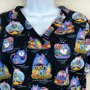Vintage 90s Womens Funny Cat Vet Tech Scrub Top Tunic Small Art To Wear Colorful - Picture 1 of 15