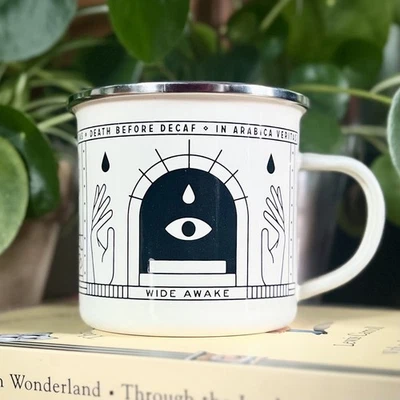 Mr. Black Death Before Decaf Tin Enamel Camping Mug Cup In Arabica Veritas EUC - Image 1 of 4