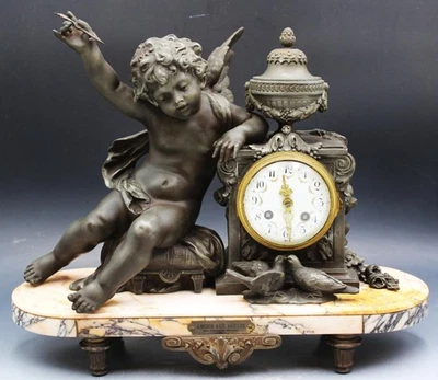 Antique Figural Spelter Cupid Sculptural Marble Mantle Clock by Francois Moreau - Image 1 of 4