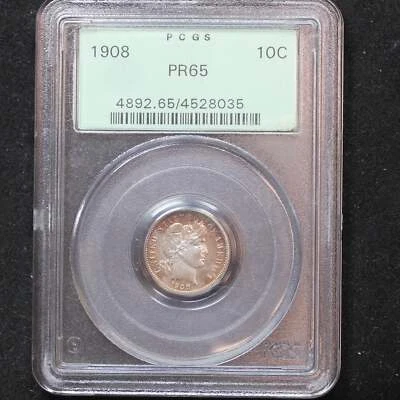 1908 Barber Dime 10c 90% Silver Proof - PCGS PR 65 - Old Green Label! - Image 1 of 4
