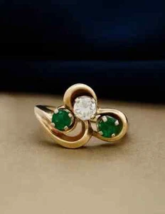 Lab Created Green Emerald Diamond three-stone Ring 14k Yellow Gold Plated Silver - Picture 1 of 2